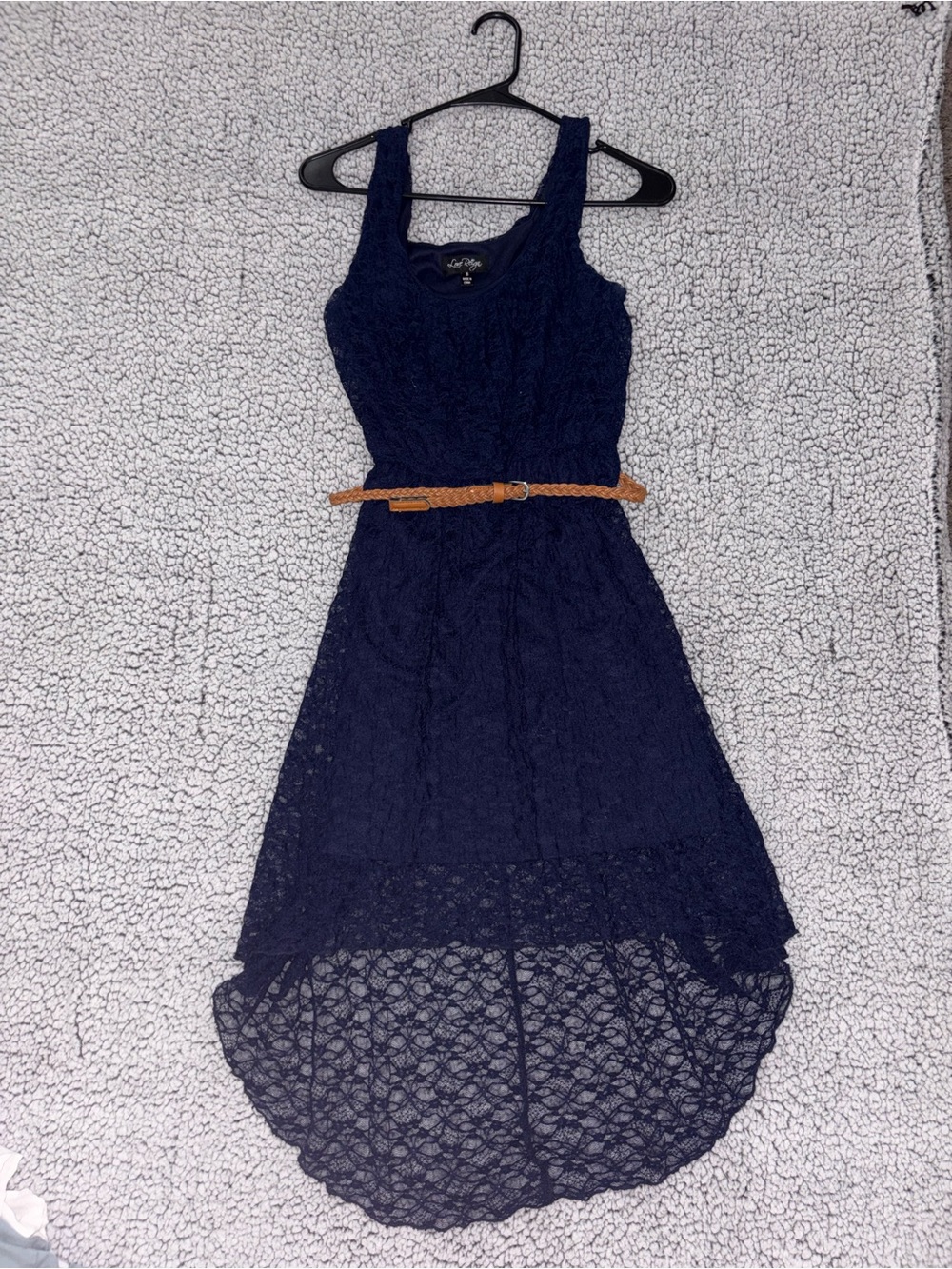 Love Reign Navy Lace High-Low Dress with Braided Tan Belt